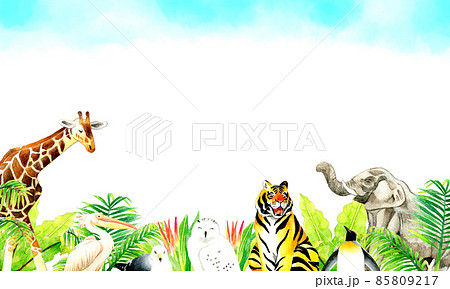 動物園の生き物と植物の背景 手描き水彩イラスト素材のイラスト素材