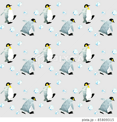 キングペンギンのシームレスパターン　手描き水彩イラスト背景素材　かわいい動物柄テキスタイル 85809315