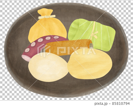 各種關東煮食材的手繪插圖 85810794