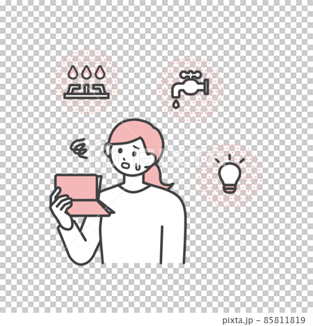 Illustration material that a young woman is thinking about utility bills 85811819