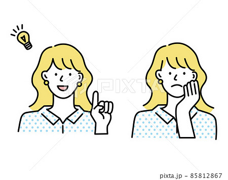 疑問と問題の解決を表情で表す女性のイラスト(ソーシャルメディア、会議、ミーティング、閃き、考える) 85812867
