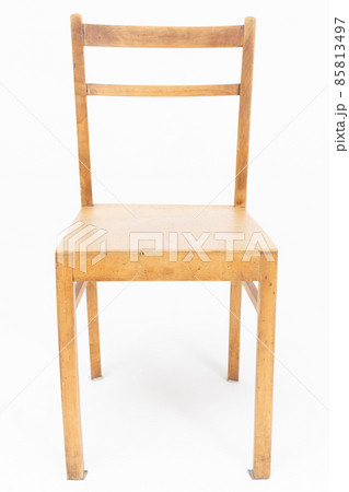 Wooden chair from turn of 70's and 80's from previous century in brown color. Polish design and production. Front view 85813497