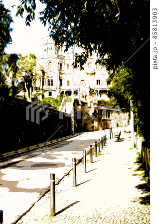 Illustration. The landmark of Portugal is the mysterious Quinta da Regaleira Palace in Sintra. 85813903