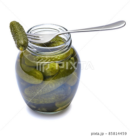 Can of Tasty green cornichons isolated on a white background Can of Tasty green cornichons isolated on a white background 85814459