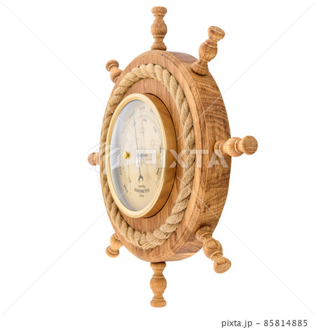 Vintage wooden wall clock with barometer on a white background Vintage wooden wall clock with barometer on a white background 85814885