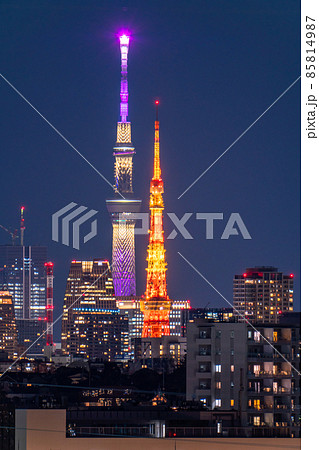 《東京都》東京タワーとスカイツリーの並ぶ夜景 85814987