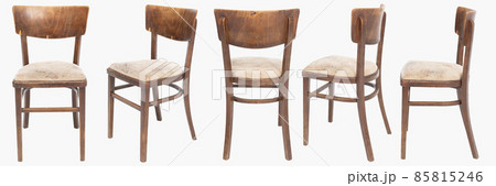 Set of wooden chairs from turn of 70's and 80's from previous century with soft seat. Polish design and production. View from each side Set of wooden chairs from turn of 70's and 80's from previous century with soft seat. Polish design and production. View from each side 85815246