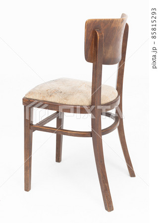 Wooden chair from turn of 70's and 80's from previous century with soft seat. Polish design and production. View from the side 85815293