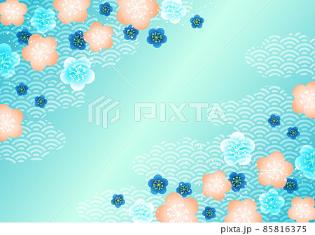 和花と青海波背景ヨコ・青 85816375