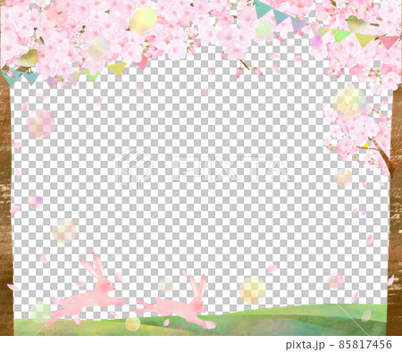 櫻花樹下，嬉戲的兔子和柔和的肥皂泡的父母和孩子在斯堪的納維亞時尚的白色背框中翩翩起舞 85817456