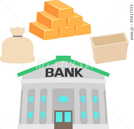 銀行の建物と紙幣や金塊のイラスト素材