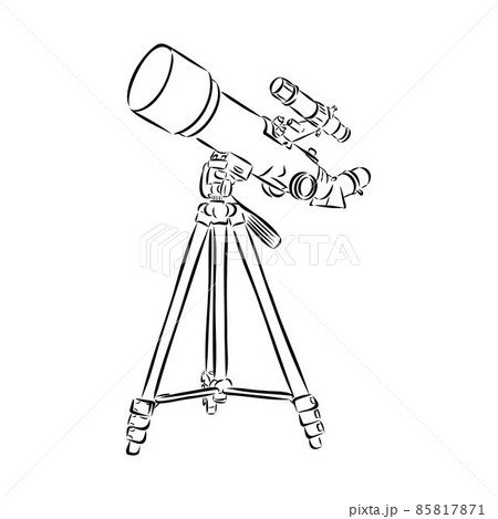 Astronomer Equipment Telescope Monochrome Vector. Standing Telescope For Explore And Observe Galaxy And Cosmos. Discovery Optical Device Designed In Retro Style Black And White Illustration 85817871
