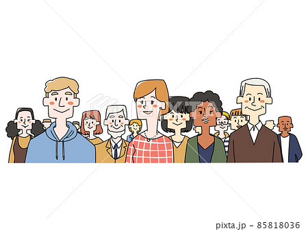 さまざまな人種と年齢の人物が立っているイラスト 社会の多様性 温かみのある手描きの人物のイラスト素材