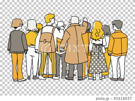 從後面看到的人群，人們觀察直立、溫暖的手繪肖像插圖，白色背景上的矢量 85818037