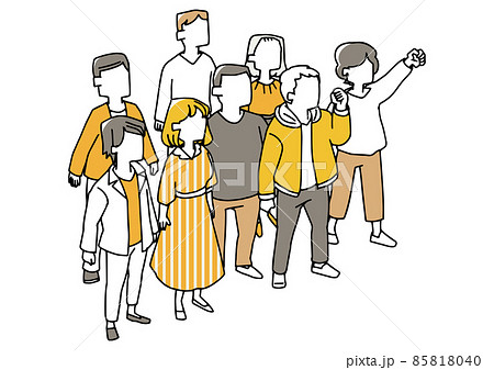 斜め上から見た群衆　直立して見物する人々　温かみのある手描きの人物イラスト　白バックにベクター 85818040