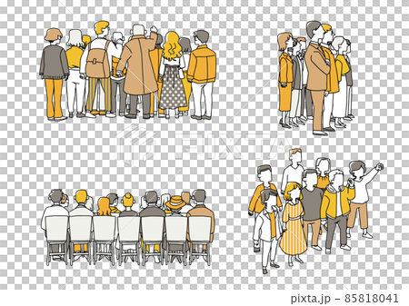 さまざまな角度から見た群衆のセット　温かみのある手描きの人物イラスト　白バックにベクター 85818041