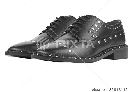 Women's leather boots close-up black color. Oxford style shoes. Casual shoes. Women's leather boots close-up black color. Oxford style shoes. Casual shoes. 85818115