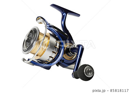 Fishing reel isolated on a white background. Fishing tackle of the premium segment. Spinning reel. 85818117