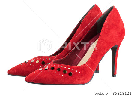 Pair of red women's shoes on a white background. Suede shoes. File contains clipping path. Pair of red women's shoes on a white background. Suede shoes. File contains clipping path. 85818121