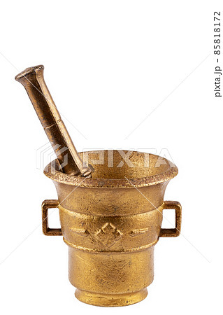 Antique brass mortar for grinding spices and herbs, isolated on white background. 85818172
