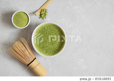 Matcha green tea set on a gray concrete background. Japanese traditional drink. Copy space, top view, flat lay. 85818895