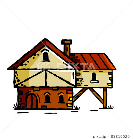 Medieval house. Village building. Old house with chimney. Cartoon retro illustration Medieval house. Village building. Old house with chimney. Cartoon retro illustration 85819020