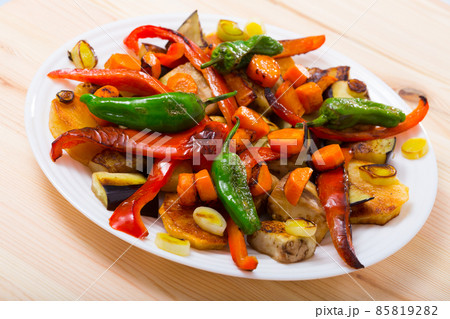 Image of plaque with vegetables in plate Image of plaque with vegetables in plate 85819282