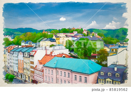 Watercolor drawing of Karlovy Vary Karlsbad historical city centre aerial view with Tepla river embankment, colorful beautiful buildings 85819562