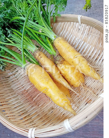 家庭菜園の不揃いなイエローキャロット(黄色ニンジン) 家庭菜園の不揃いなイエローキャロット(黄色ニンジン) 85820917