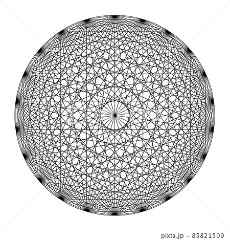 Circle with twenty-two points, all connected with lines, showing a mandala like symmetry. Sacred Geometry according to the 231 doorways of Guillaume Postel, from the 16th century. Illustration. Vector 85821509