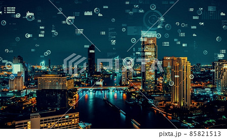 Business data analytic interface fly over smart city showing alteration future 85821513