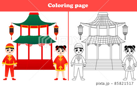 Printable worksheet with coloring page for kids with cute girl and boy in national costume with asian building 85821517