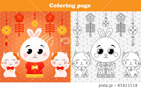 Printable worksheet with coloring page for kids with rabbit in chinese traditional costume with lantern and lucky cats 85821518
