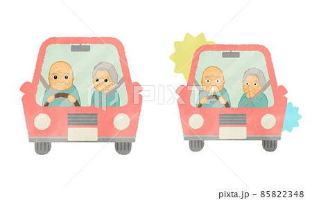 かわいい車でドライブ中の高齢者夫婦イラストセット 02のイラスト素材