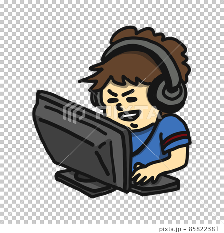 Illustration of a professional gamer wearing headphones and heading to a PC. 85822381