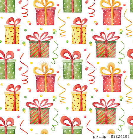 Watercolor christmas seamless pattern with present boxes isolated on white background. Watercolor christmas seamless pattern with present boxes isolated on white background. 85824192