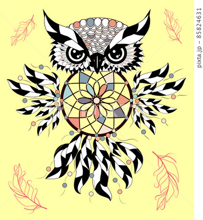 Boho style colored owl with tribal arrows. illustration. Bohemian tribal owl with a dream catcher. Totem owl 85824631
