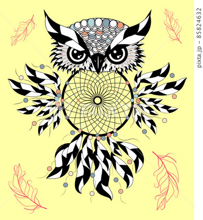 Boho style colored owl with tribal arrows. illustration. Bohemian tribal owl with a dream catcher. Totem owl 85824632