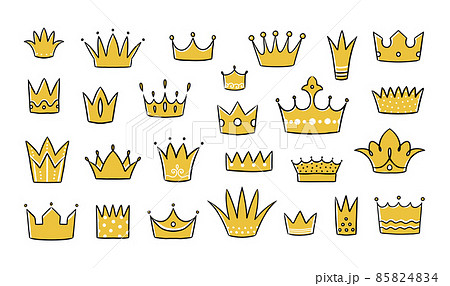 Hand drawn crown. Doodle king and queen symbol. Royal graphic elements. Yellow emperor headwear sketch. Prince and princess gold tiara. Vector monarch coronation jewelry headdresses set 85824834