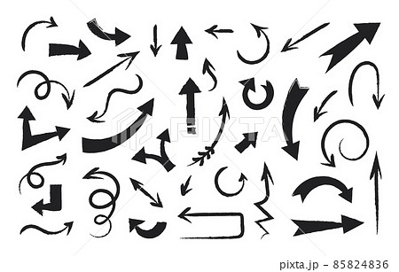 Grunge arrows. Hand drawn direction pointers. Handmade paintbrush stroke. Vintage scribble forms. Up and down signs. Curve shapes. Way pointing. Black brushstrokes. Vector cursors set 85824836