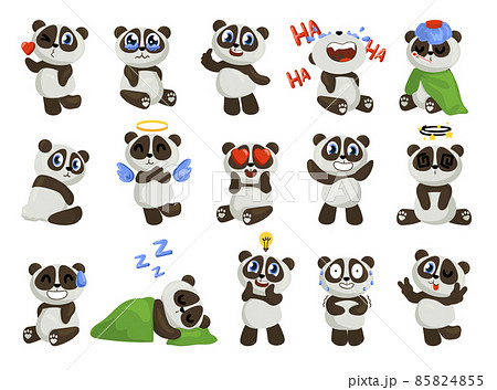 Panda character. Cute baby bear mascot with funny happy smile face. Asian wild animal laughing or sleeping. Cartoon teddy with various emotion expressions. Vector jungle creatures set Panda character. Cute baby bear mascot with funny happy smile face. Asian wild animal laughing or sleeping. Cartoon teddy with various emotion expressions. Vector jungle creatures set 85824855