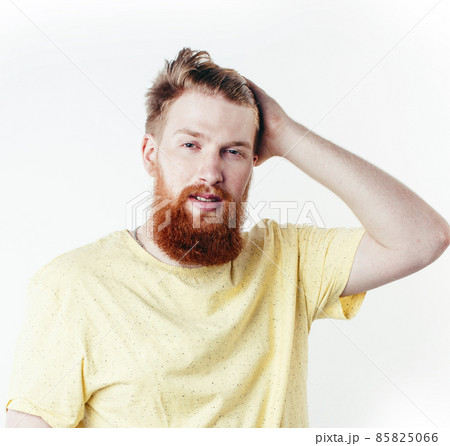 young handsome hipster ginger bearded guy looking brutal isolated on white background, lifestyle people concept young handsome hipster ginger bearded guy looking brutal isolated on white background, lifestyle people concept 85825066