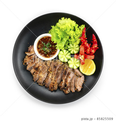 Grilled Pork with Toasted Rice powder and white Sesame Served Dried Chili sauce Grilled Pork with Toasted Rice powder and white Sesame Served Dried Chili sauce 85825509