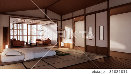Modern Zen bed and decoartion plants in japanese bedroom. 3D rendering. 85825851
