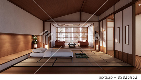 Modern Zen bed and decoartion plants in japanese bedroom. 3D rendering. 85825852