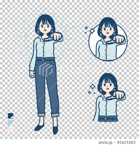 一名身穿開領襯衫的年輕女子指向前方的插圖 一名身穿開領襯衫的年輕女子指向前方的插圖 85825883