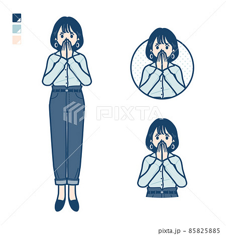 オープンカラーシャツを着た若い女性が驚き不安な様子になっているイラスト オープンカラーシャツを着た若い女性が驚き不安な様子になっているイラスト 85825885