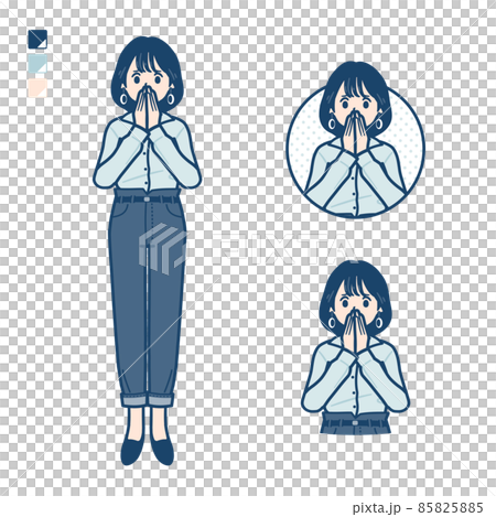 オープンカラーシャツを着た若い女性が驚き不安な様子になっているイラスト オープンカラーシャツを着た若い女性が驚き不安な様子になっているイラスト 85825885