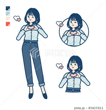 オープンカラーシャツを着た若い女性が手でハートマークを作っているイラスト オープンカラーシャツを着た若い女性が手でハートマークを作っているイラスト 85825921