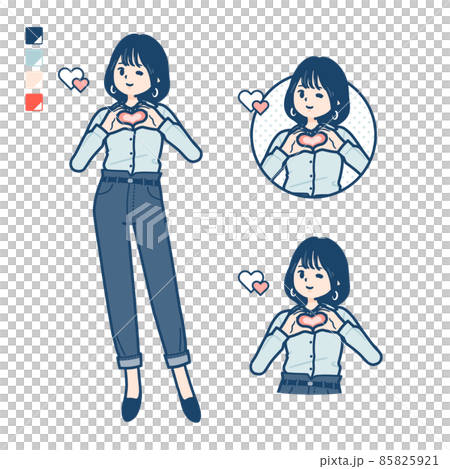 オープンカラーシャツを着た若い女性が手でハートマークを作っているイラスト オープンカラーシャツを着た若い女性が手でハートマークを作っているイラスト 85825921